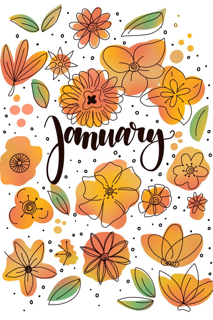 the word january surrounded by flowers on a white background with orange, yellow and green leaves