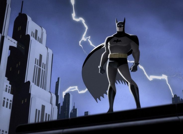 the animated batman is standing on top of a building with lightning in the sky behind him