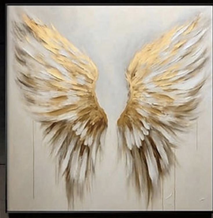 an abstract painting with gold and white wings