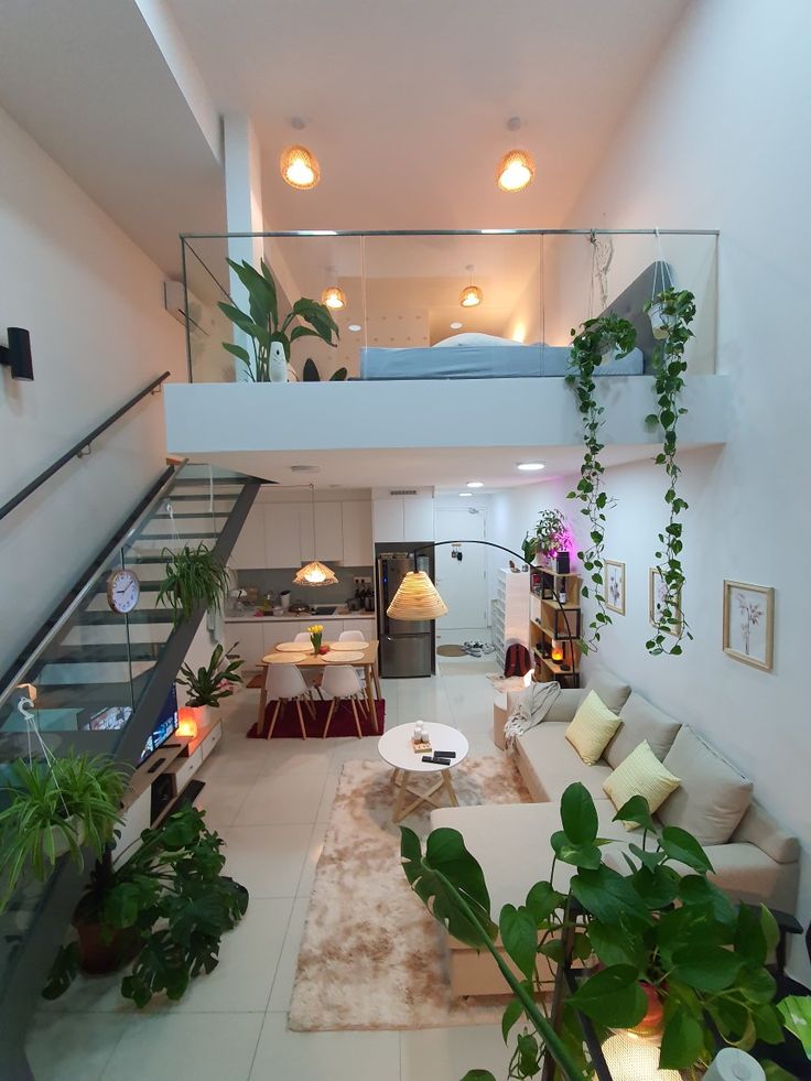 a living room filled with furniture and lots of plants