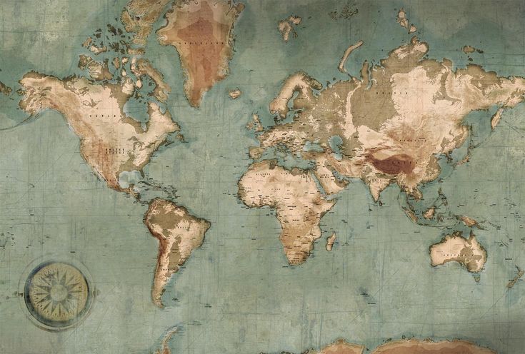 an old world map is shown in brown and blue tones, with no people around it