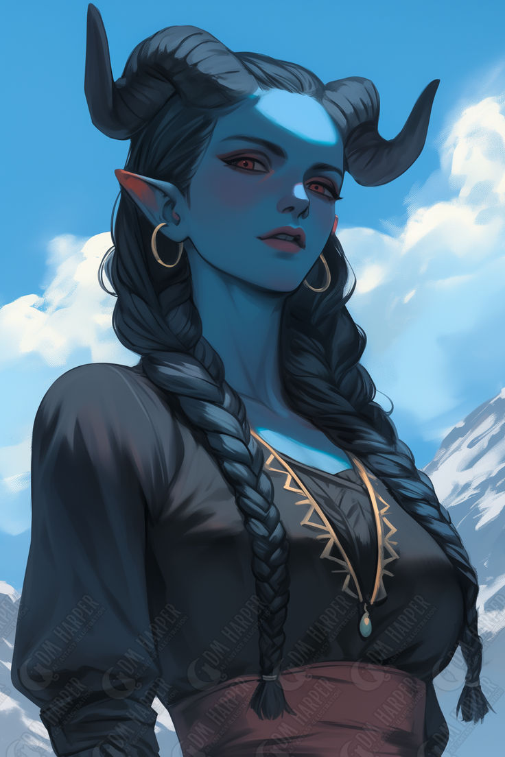 a woman with horns and braids standing in front of snow covered mountains