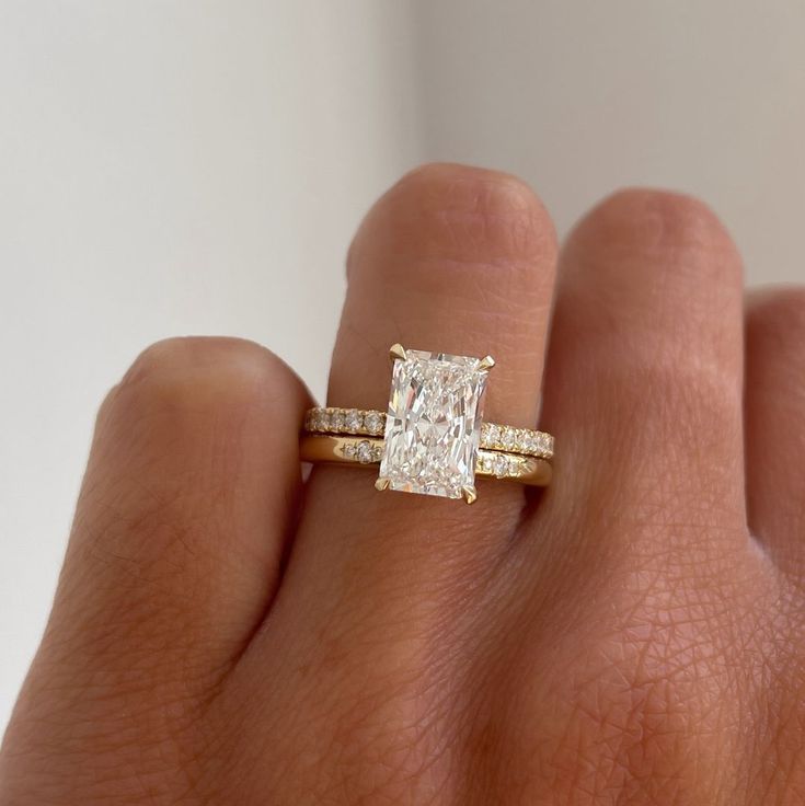 Cullen Jewellery | Custom Engagement Rings | ✨ELLIE - RING SETS✨⁠ ⁠ SWIPE ���👉 ⁠ ⁠ A gorgeous Radiant Cut Solitaire with Pave Band paired with:⁠ ⁠ 💜 Arizona Hammer Set Band⁠ 💚… | Instagram Baguette Band, Radiant Cut Rings, Pretty Engagement Rings, Dream Wedding Ring, Radiant Cut Engagement Rings, Plain Wedding Band, Cute Engagement Rings, Radiant Engagement Rings, Future Engagement Rings