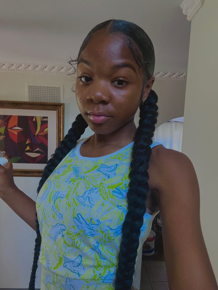 Clean Braided Hairstyles, Two Low Braids Hairstyle, Two Braids In A Ponytail, 4 Braids With Weave, 2 Braid Pigtails, Middle Part Two Braids, Braided Pig Tails Hairstyles, Two High Braided Ponytails, Two Ponytails Braids