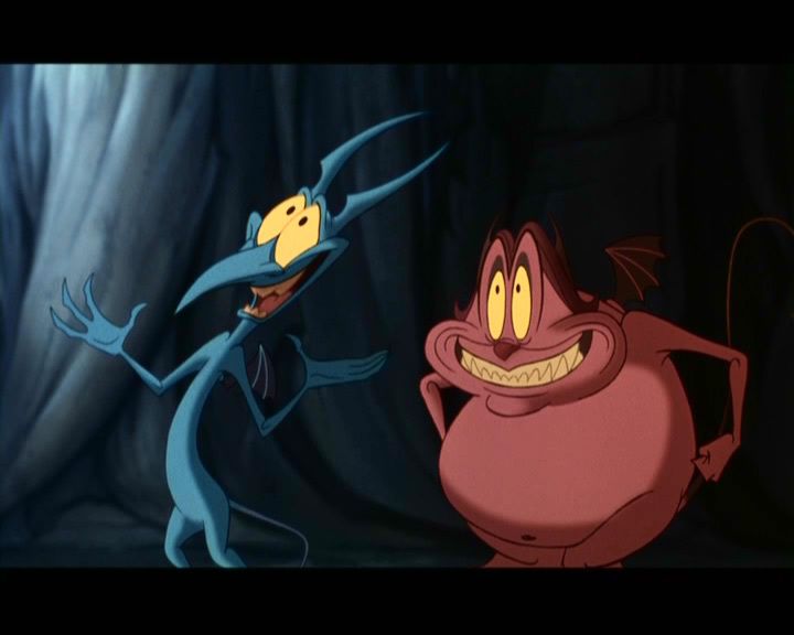 two cartoon characters are standing next to each other in front of a dark background, one is smiling and the other has his arms outstretched