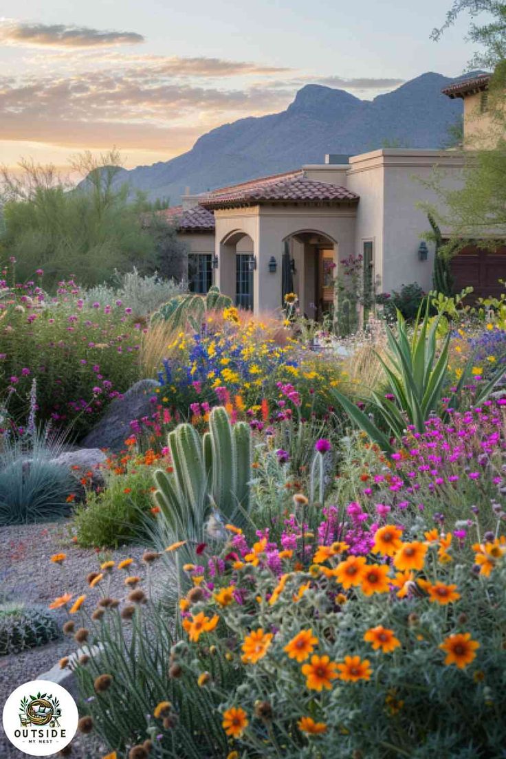 a house surrounded by colorful flowers and cactuses in the foreground with mountains in the background