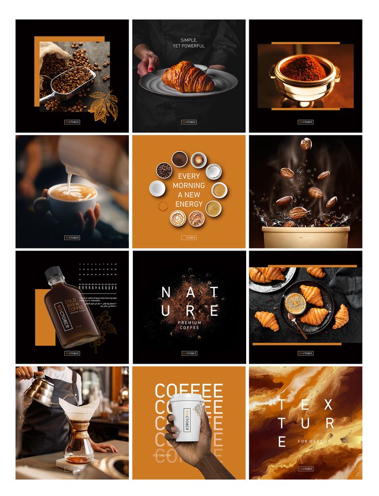 a series of photos with coffee related items in the middle and bottom half, including an orange background