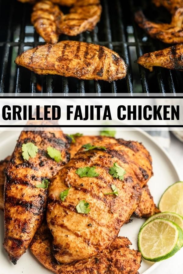 grilled fajita chicken on the grill with lime wedges