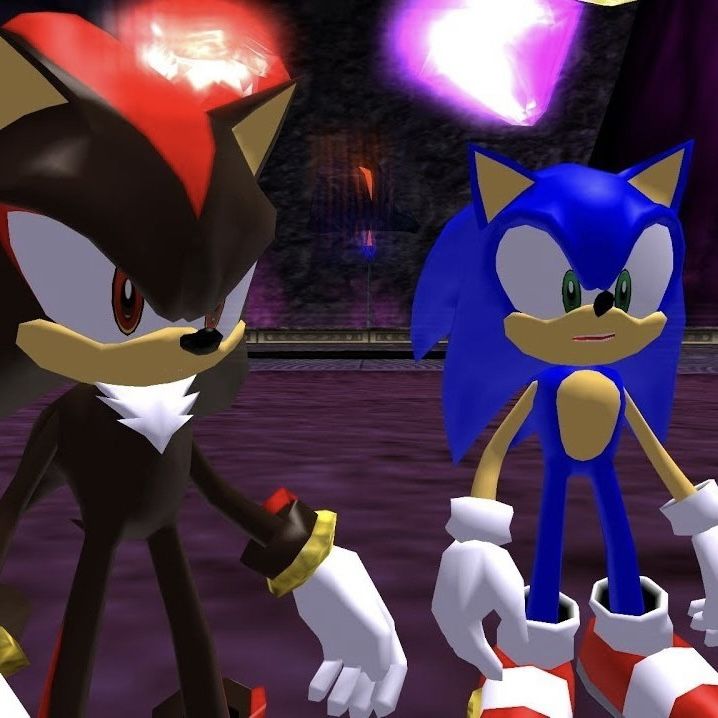 two sonic and tails are standing next to each other in front of a purple light