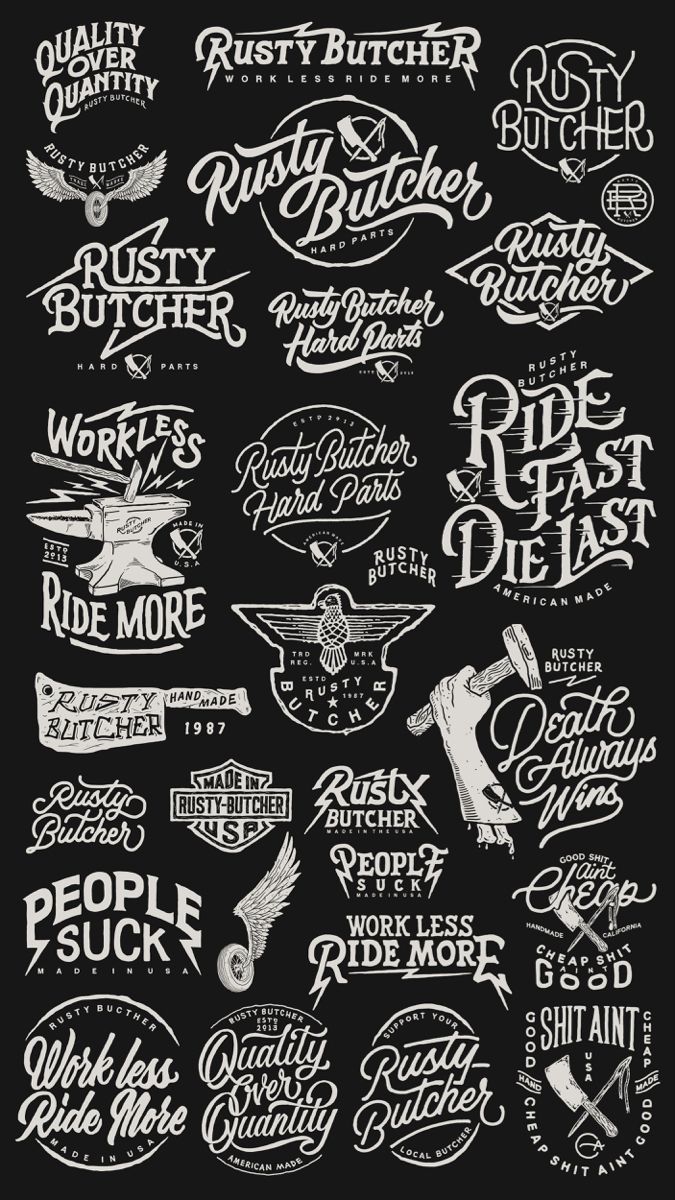 a bunch of different type of logos on a black background with white lettering and handwritten font