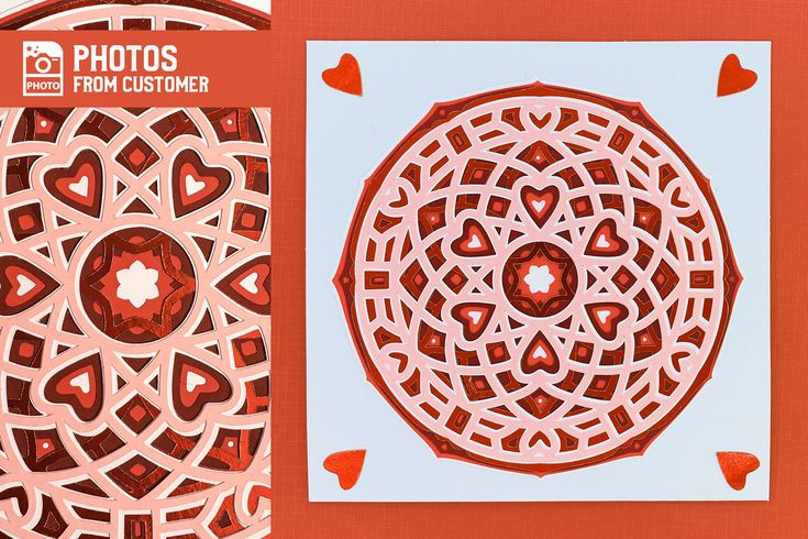 an intricate paper cutting pattern with hearts on the bottom and inside, in red tones