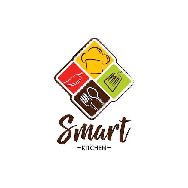 the smart kitchen logo is designed to look like it has an image of a chef's hat, spoon and spatula