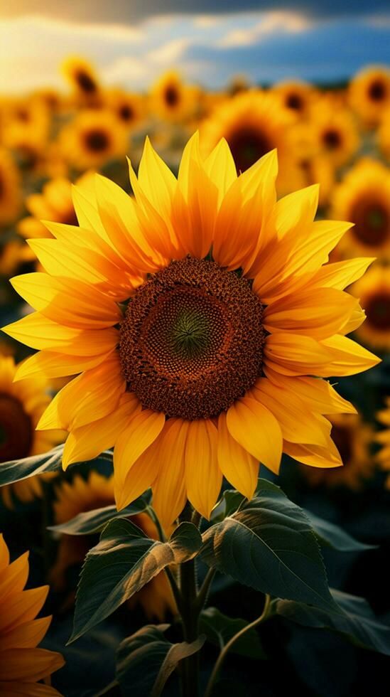 a large sunflower standing in the middle of a field with many other sunflowers