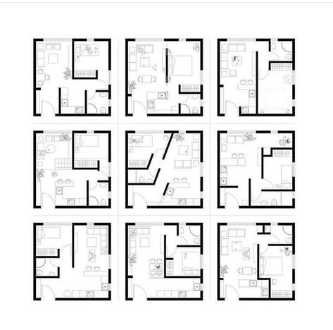 the floor plan for an office building with six rooms and four floors, all in black and white