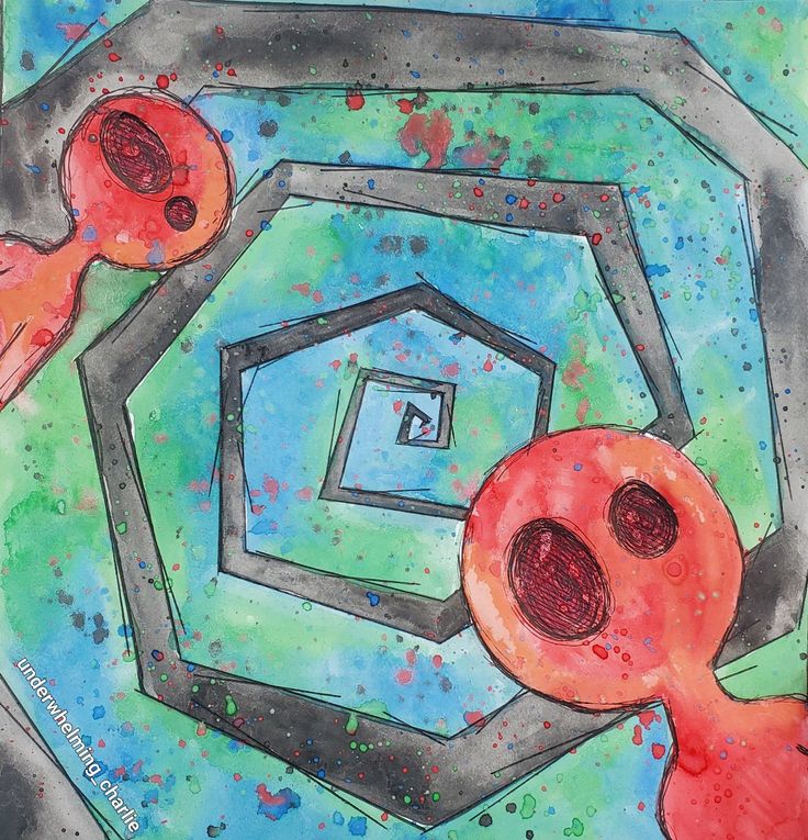 an artistic drawing of two red objects in the center of a blue and green structure