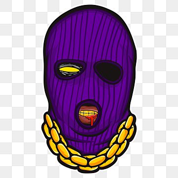 a purple mask with yellow chains around it's neck, on a white background