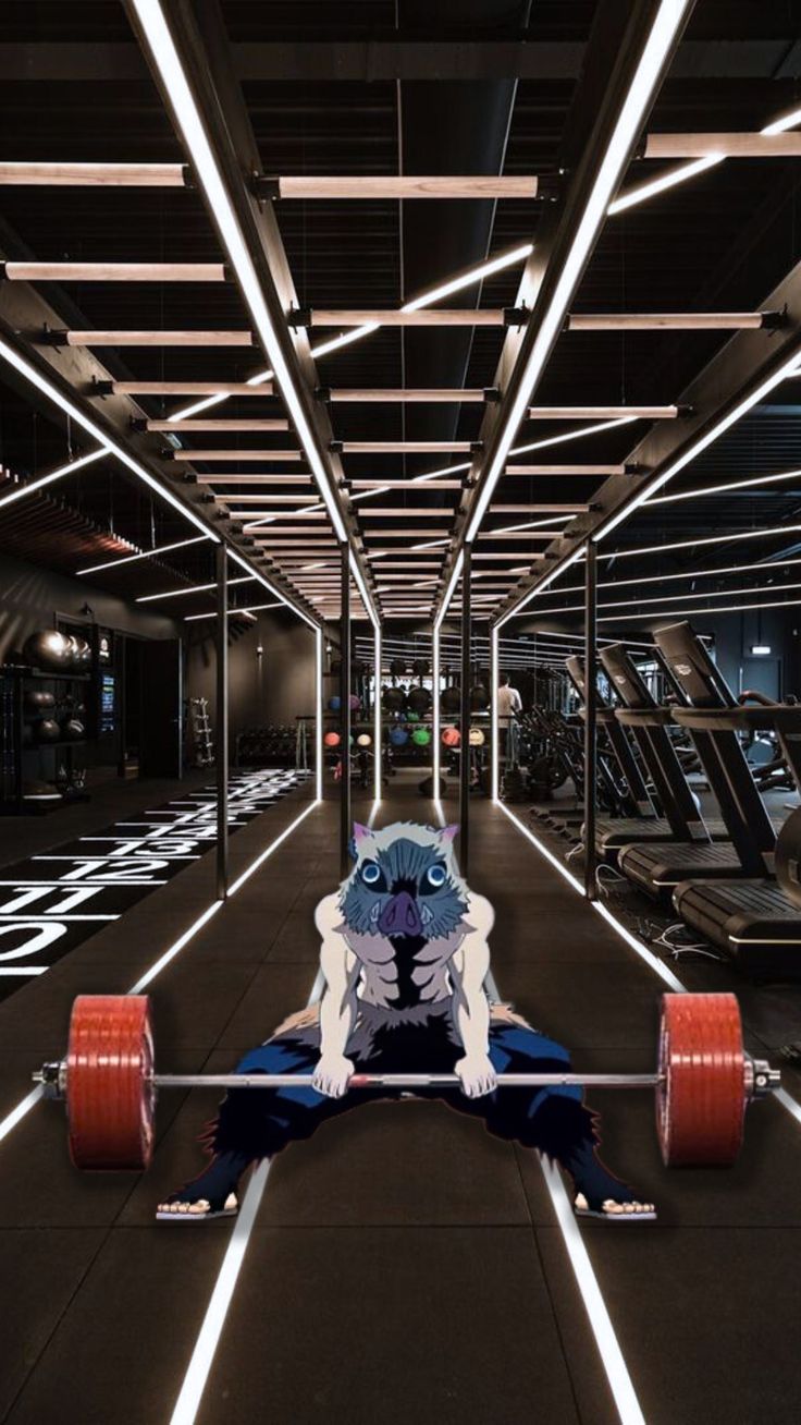 a woman is sitting on the ground in front of a barbell with red wheels