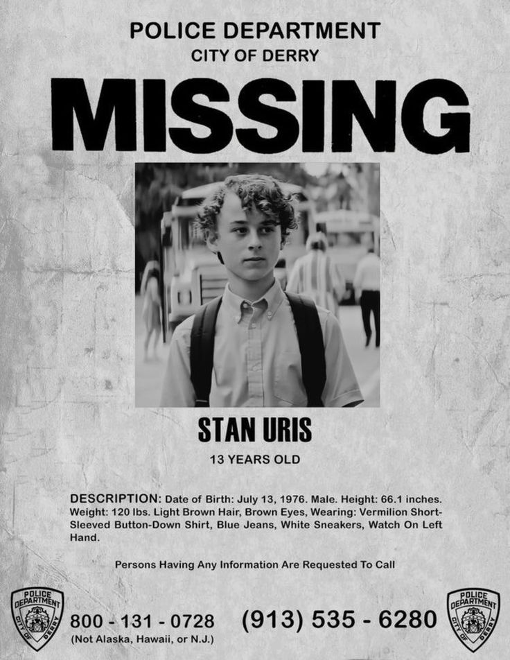 stanley uris missing poster with wyatt oleff Missing Poster, Stanley Uris, Es Pennywise, Wyatt Oleff, It The Clown Movie, I'm A Loser, Club Poster, Movie Poster Wall, Stranger Things Wallpaper