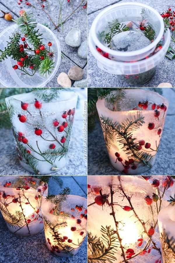 four different shots of candles with red berries and pine needles on them, all lit up