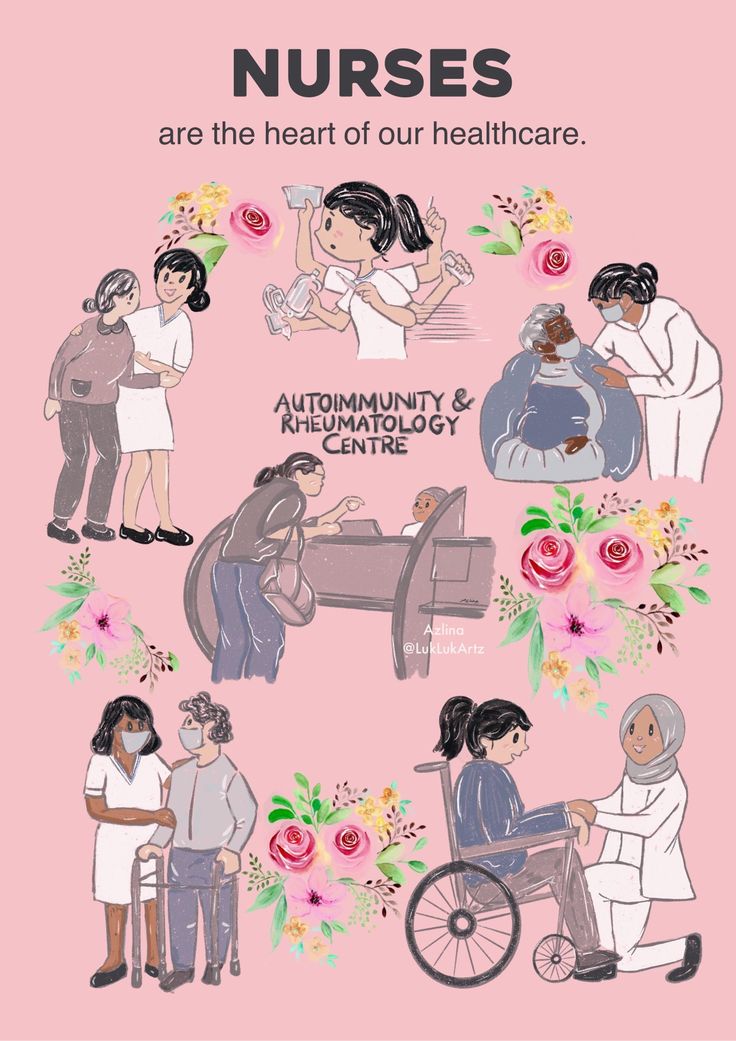 an image of nurses and their families with flowers on the back, in pink background