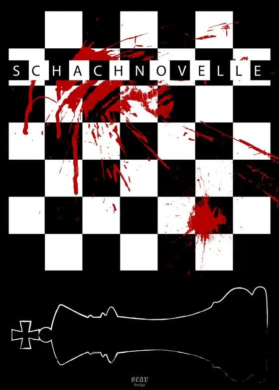 a black and white poster with red paint on it's face, the words schachnovelie