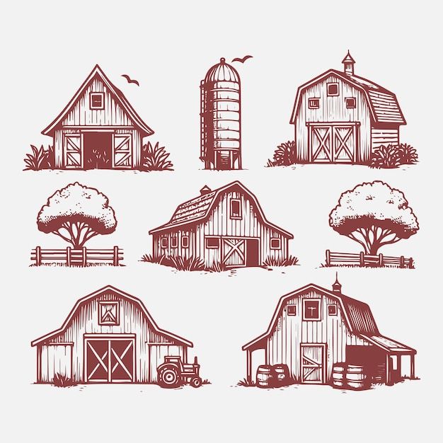 an image of farm animals and barns