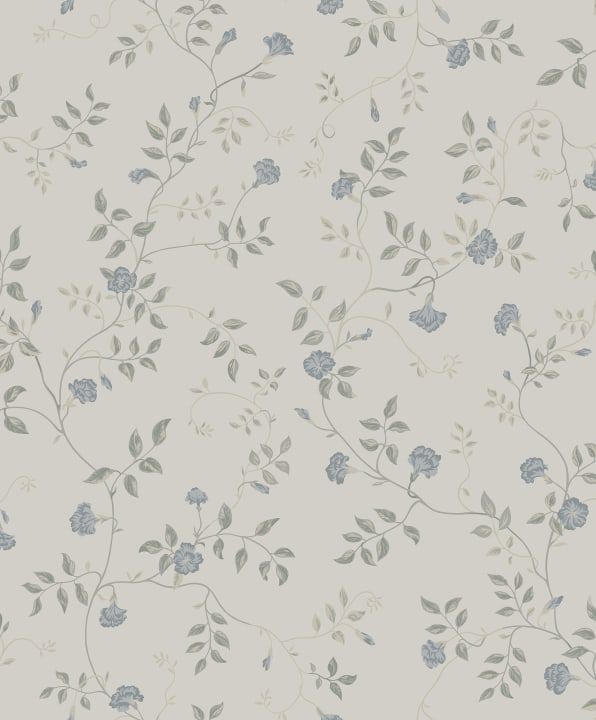 a wallpaper with blue flowers and leaves in grey tones on a light gray background