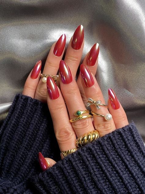 Nail Art Solid Color, Red Chromatic Nails, Red Pearlescent Nails, Chrome Red Nail, Pearl And Red Nails, Dark Red Pearl Nails, Red Crome Nails Almond, Red Art Nails, Dark Red Crome Nails