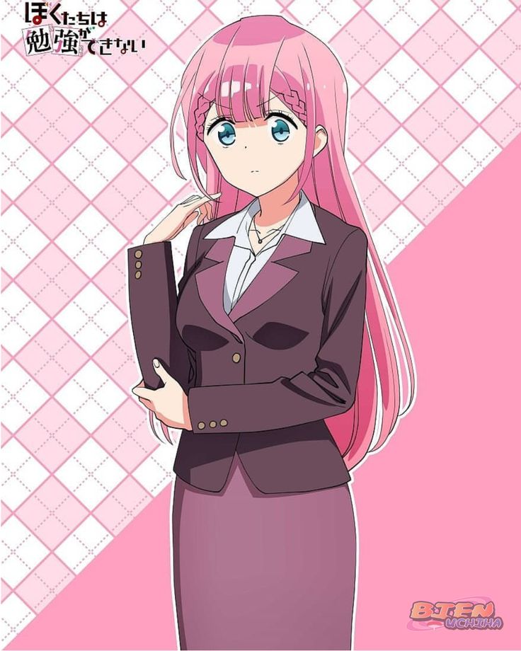 an anime character with pink hair wearing a suit