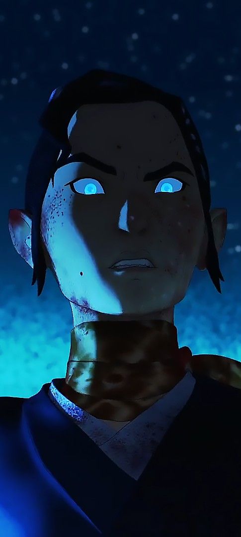 an animated avatar with glowing blue eyes looks at the camera while standing in front of a night sky