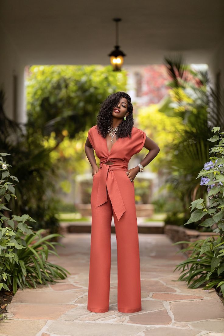 Wrap Linen Jumpsuit Midi Pencil Skirt Outfit, Convocation Dress, Coral Jumpsuit, Fancy Jumpsuit, Pencil Midi Skirt, Orange Jumpsuit, Style Pantry, Sophisticated Outfits, Jumpsuit Elegant