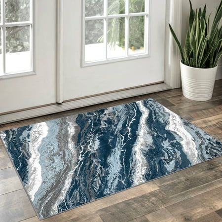 a blue and white area rug on the floor next to a potted house plant