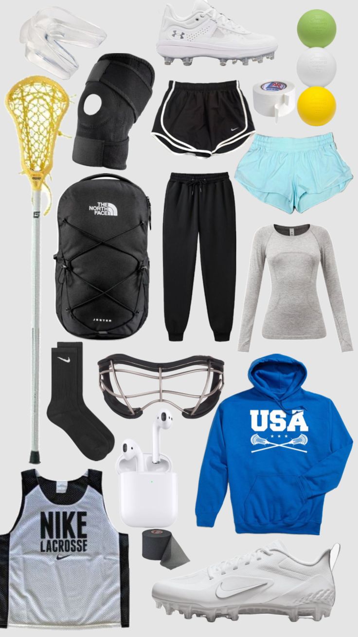 various sports items are arranged on a white background