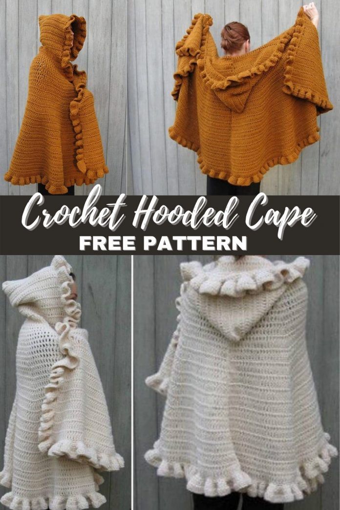 crochet hooded cape with ruffles on the shoulders and hood, free pattern