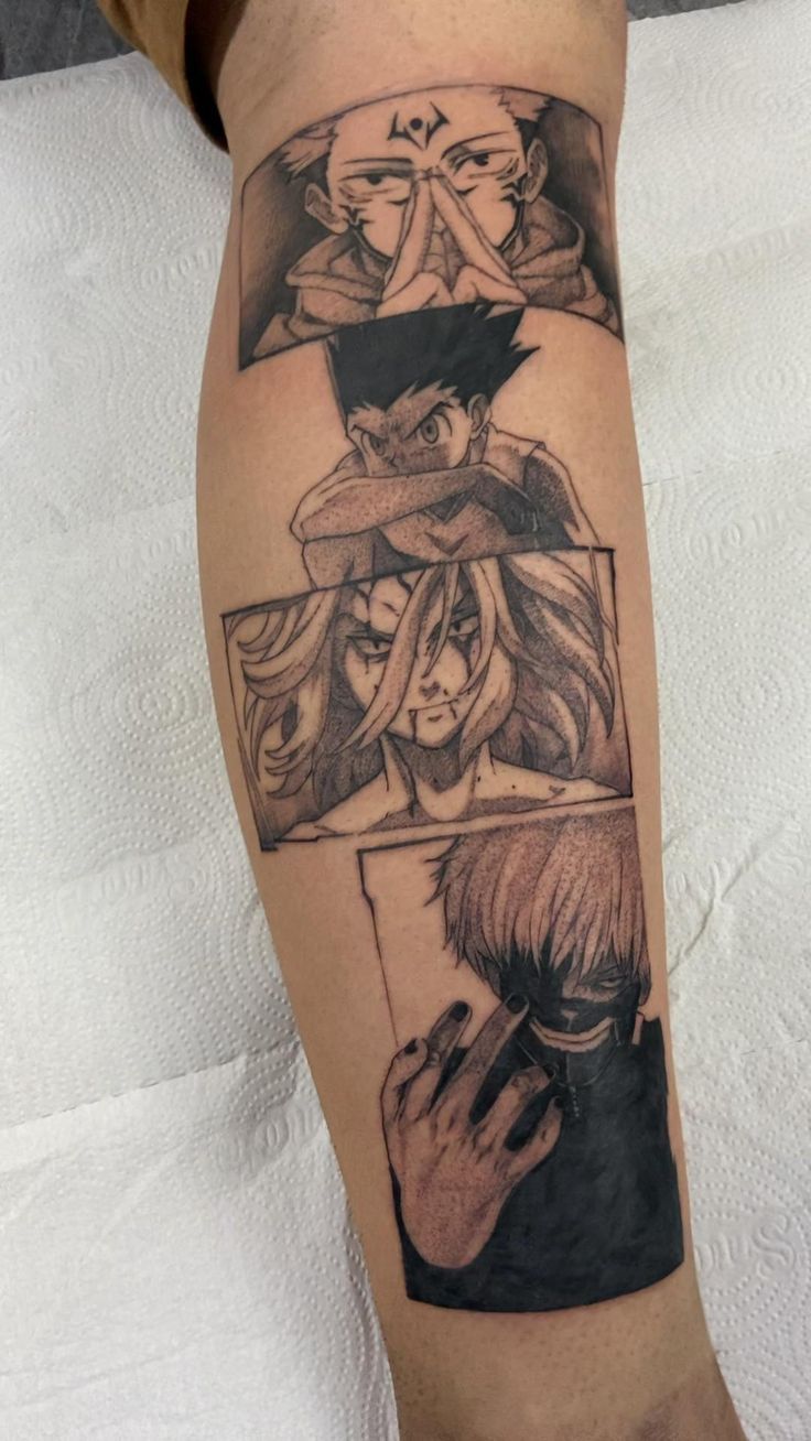 a person with a tattoo on their arm that has pictures of anime characters in it