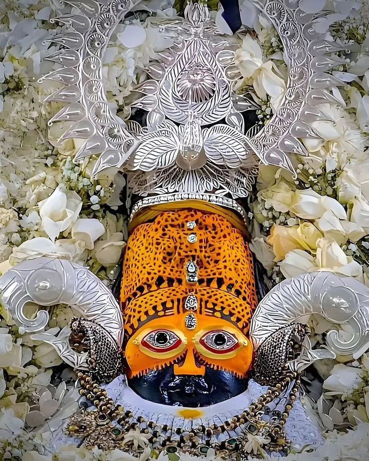 an orange and black mask surrounded by white flowers