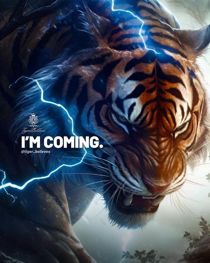 an image of a tiger with lightning coming out of it's mouth and the caption i'm coming