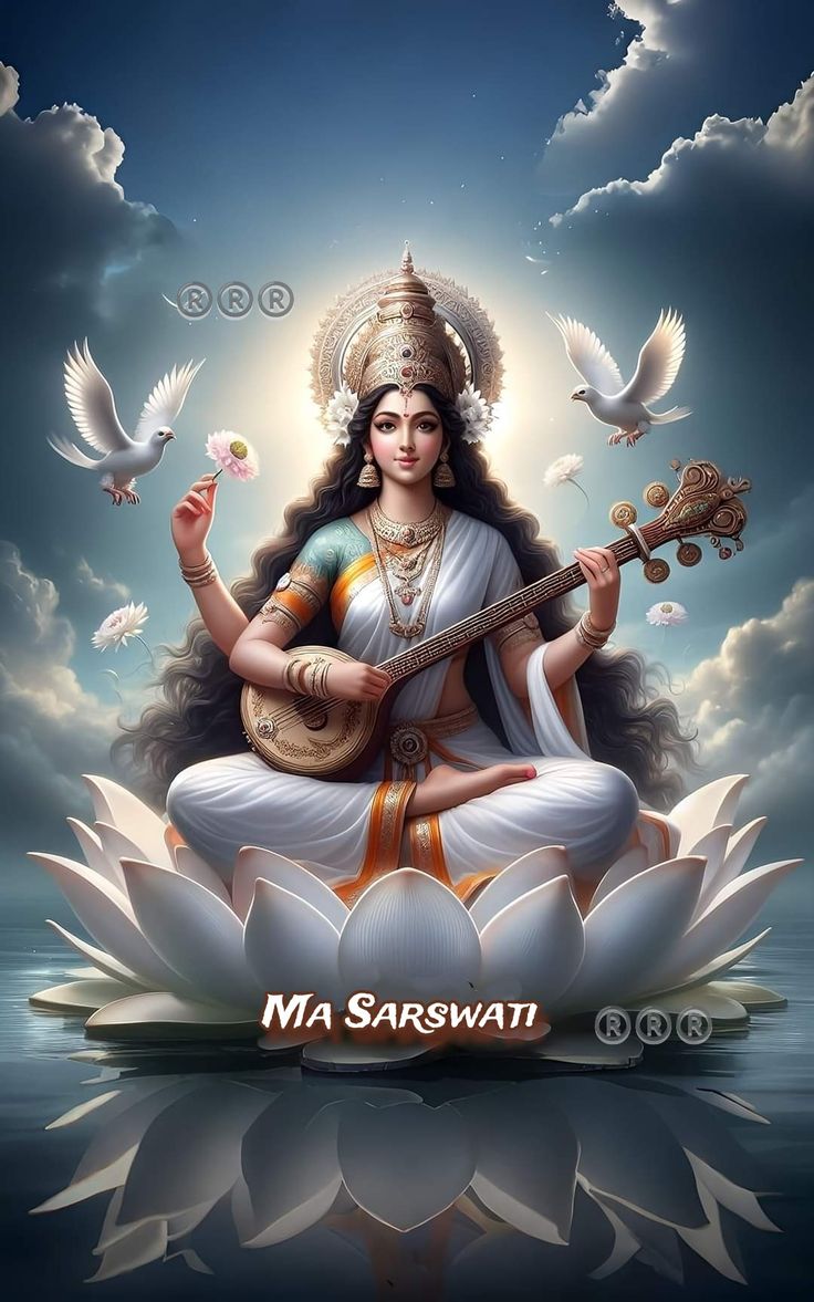 the goddess sitting on top of a lotus with birds flying around her and holding a guitar