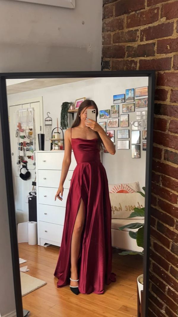 MC196,Spaghetti Straps Red Long Prom Dresses,Satin A-Line Evening Gown Long Prom Dress with Slit on Storenvy Dark Red Prom Dresses Long Elegant, Graduation Dresses Red, Formal Graduation Dress, Sleek Prom Dress, Red Long Prom Dresses, Fancy Dinner Dress, Dark Red Prom Dress, Prom Dresses Satin, Cheer Dress