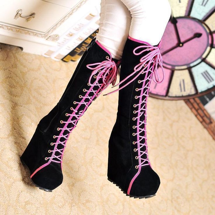 Punk Cosplay, Knee High Boots Winter, Goth Shoes, Gothic Shoes, Kawaii Shoes, Wedge Heel Boots, Platform Wedge Heels, Lace Up Wedges, Goth Punk