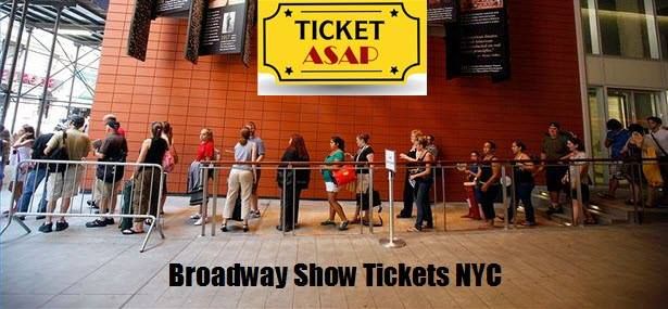 a group of people standing in front of a building with a sign that says broadway show tickets ivv