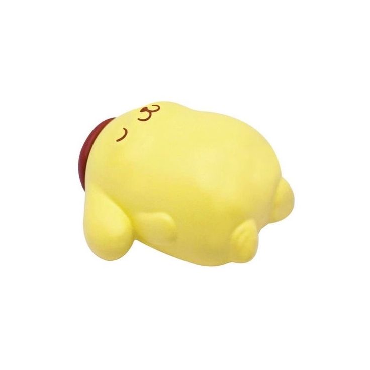 a small yellow toy with a red collar on it's neck and eyes closed