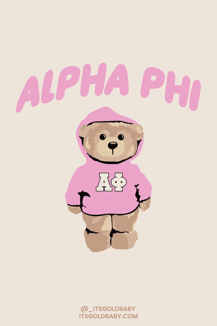 a teddy bear wearing a pink shirt and hoodie with the words,'aloha phi'on it