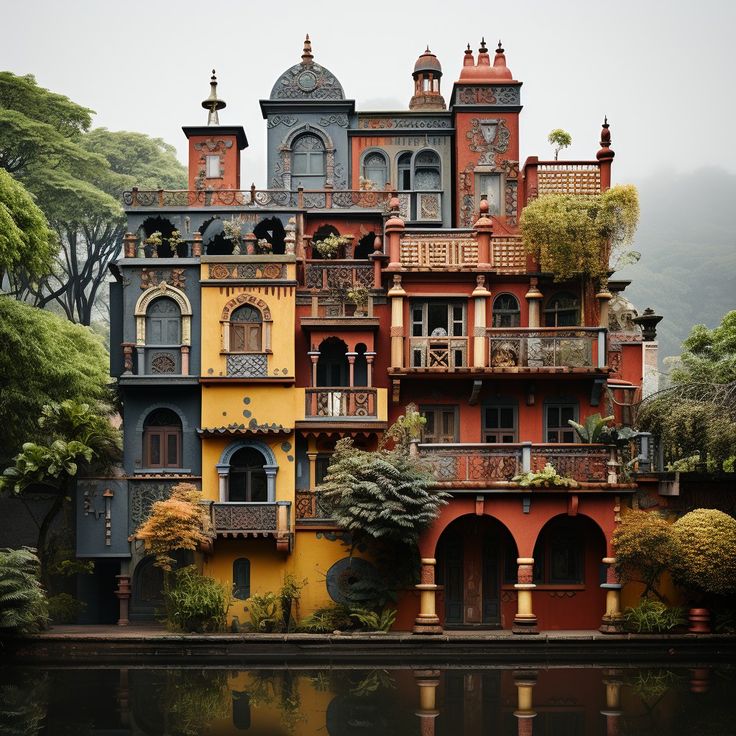 an old building with many windows and balconies on the top of it's roof