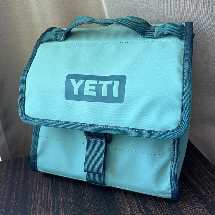 a blue yeti bag sitting on top of a table