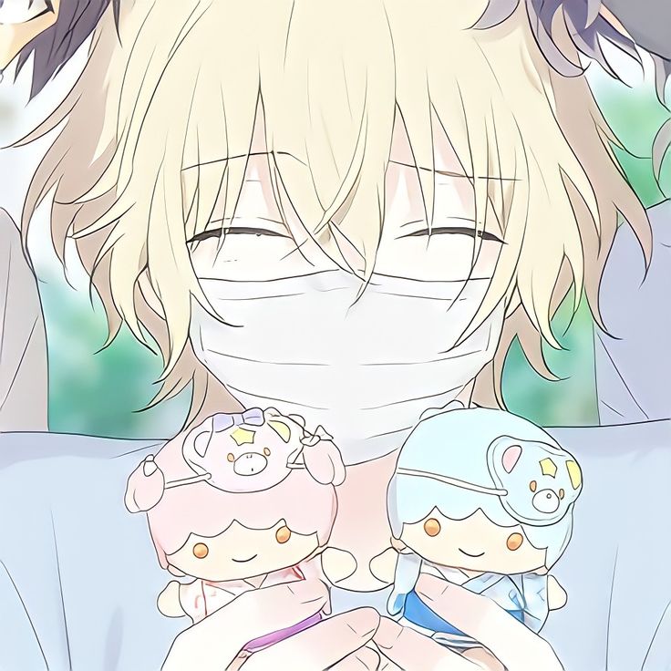 an anime character wearing a face mask holding a baby doll