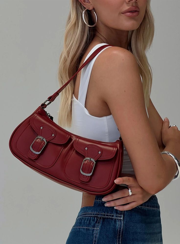 Jayalen Shoulder Bag Red Trendy Red Shoulder Bag, Shoulder Purse Outfit, Red Purse Outfit, Purse Outfit, Red Shoulder Bag, Red Purse, Loafer Sneakers, Thrift Finds, Pretty Bags