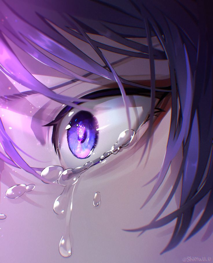 an anime character's eye with purple hair and water droplets around it, as well as drops of liquid coming from the iris