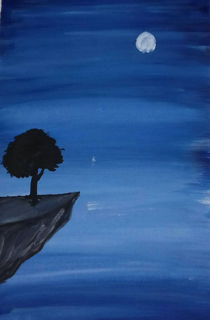 a painting of a tree sitting on top of a cliff under a moonlit sky