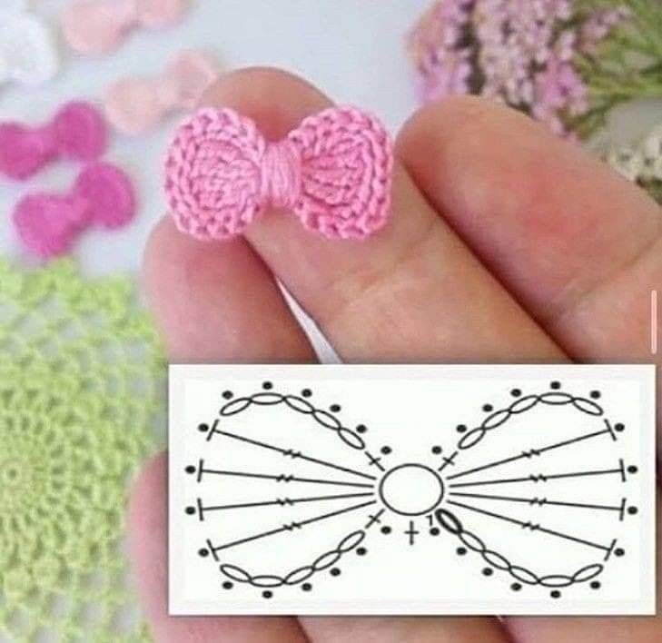 someone is holding a tiny crochet bow in their hand with the pattern on it